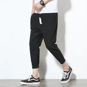 Summer Men Line Ankle-Length Pants Loose Cotton Blend Casual Solid Colored Slim-Fit Pants