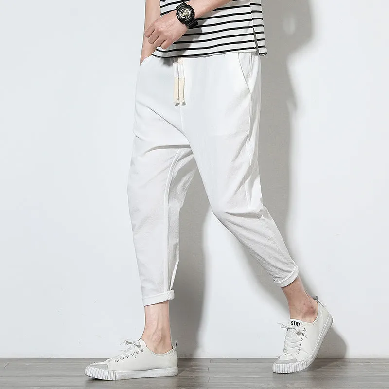 Summer Men Line Ankle-Length Pants Loose Cotton Blend Casual Solid Colored Slim-Fit Pants