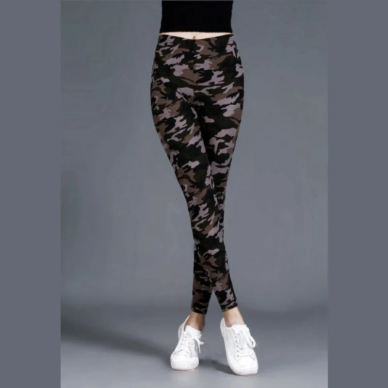 Trendy Camo Prints Outdoor Brushed Cotton Printed Women Plus Size Stretchable Slim-Look Slim-Fit Pants Ankle-Length Leggings