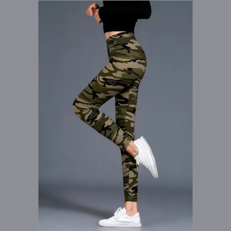 Trendy Camo Prints Outdoor Brushed Cotton Printed Women Plus Size Stretchable Slim-Look Slim-Fit Pants Ankle-Length Leggings