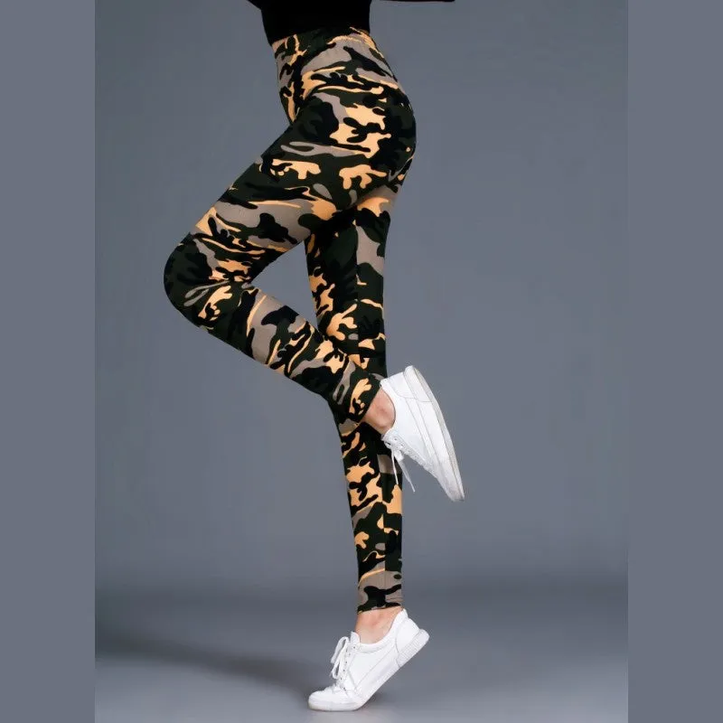 Trendy Camo Prints Outdoor Brushed Cotton Printed Women Plus Size Stretchable Slim-Look Slim-Fit Pants Ankle-Length Leggings
