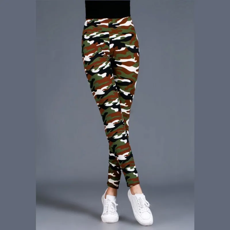 Trendy Camo Prints Outdoor Brushed Cotton Printed Women Plus Size Stretchable Slim-Look Slim-Fit Pants Ankle-Length Leggings