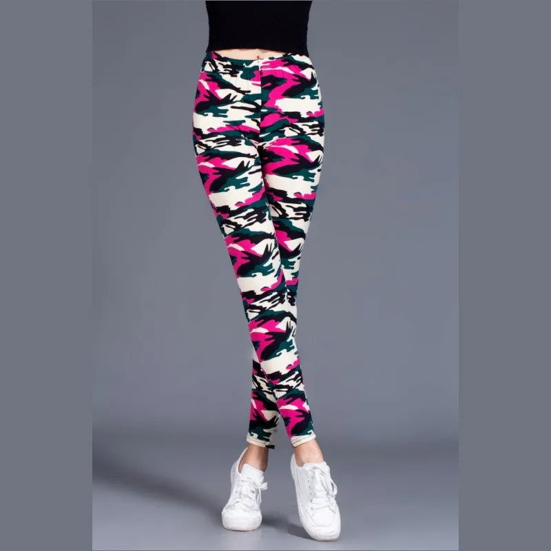 Trendy Camo Prints Outdoor Brushed Cotton Printed Women Plus Size Stretchable Slim-Look Slim-Fit Pants Ankle-Length Leggings
