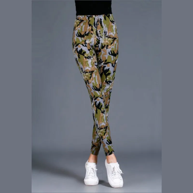 Trendy Camo Prints Outdoor Brushed Cotton Printed Women Plus Size Stretchable Slim-Look Slim-Fit Pants Ankle-Length Leggings