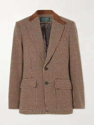 Velvet-trimmed houndstooth tweed blazer