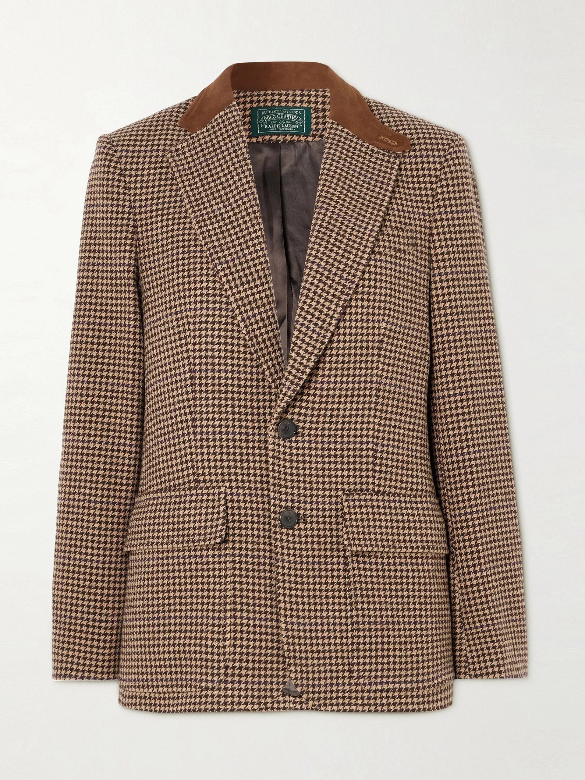 Velvet-trimmed houndstooth tweed blazer