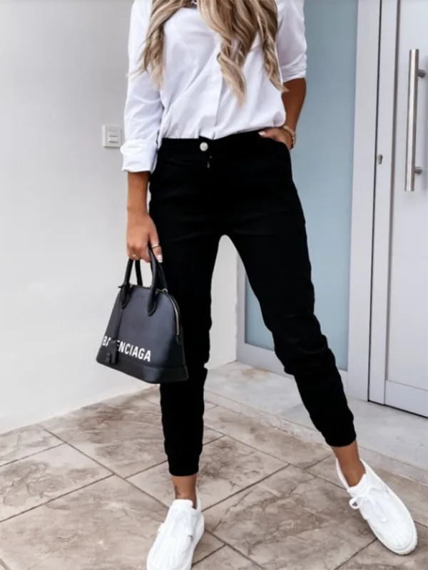 Washed cotton slim fit nine-point pants