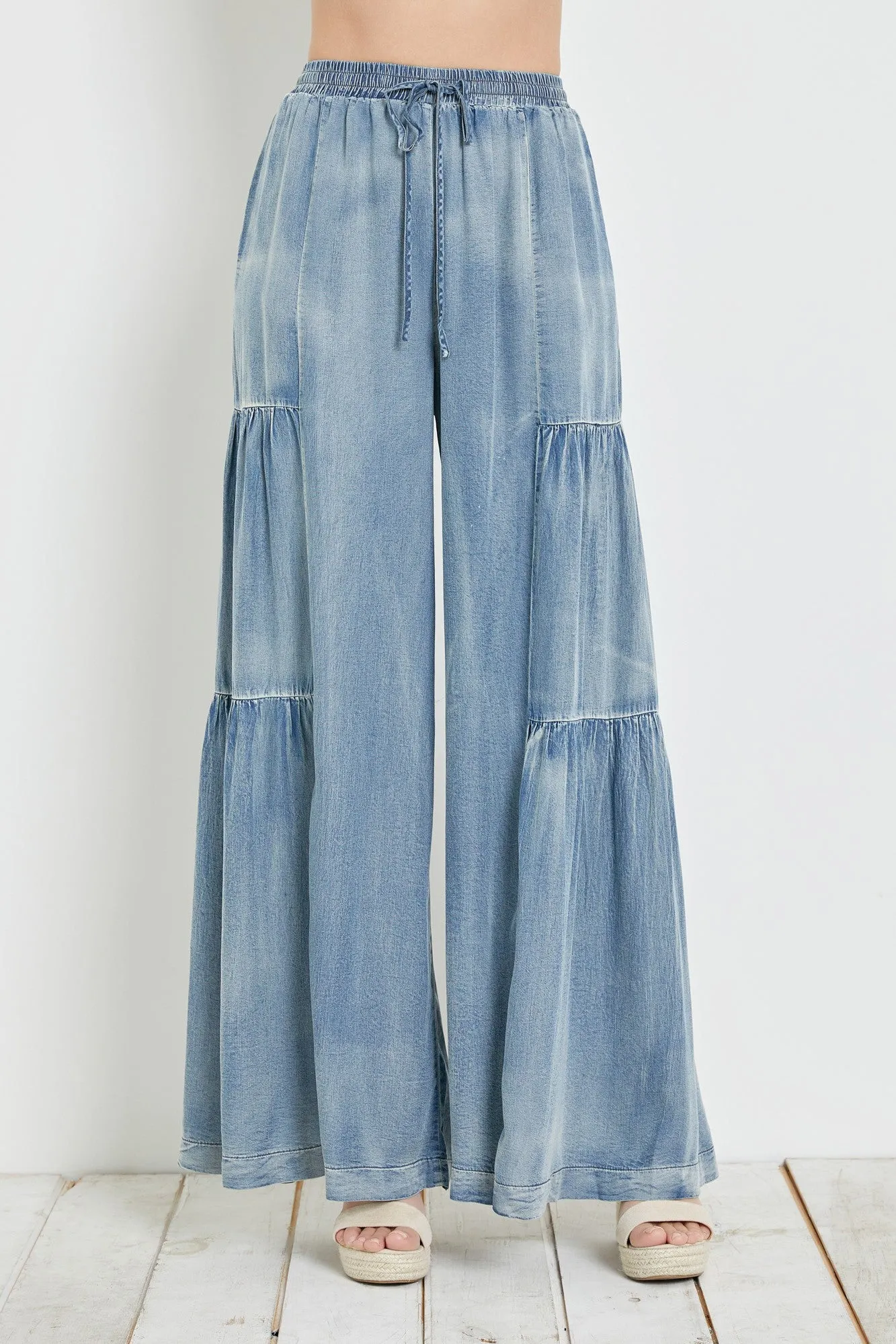 Washed Denim Ruffle Pants