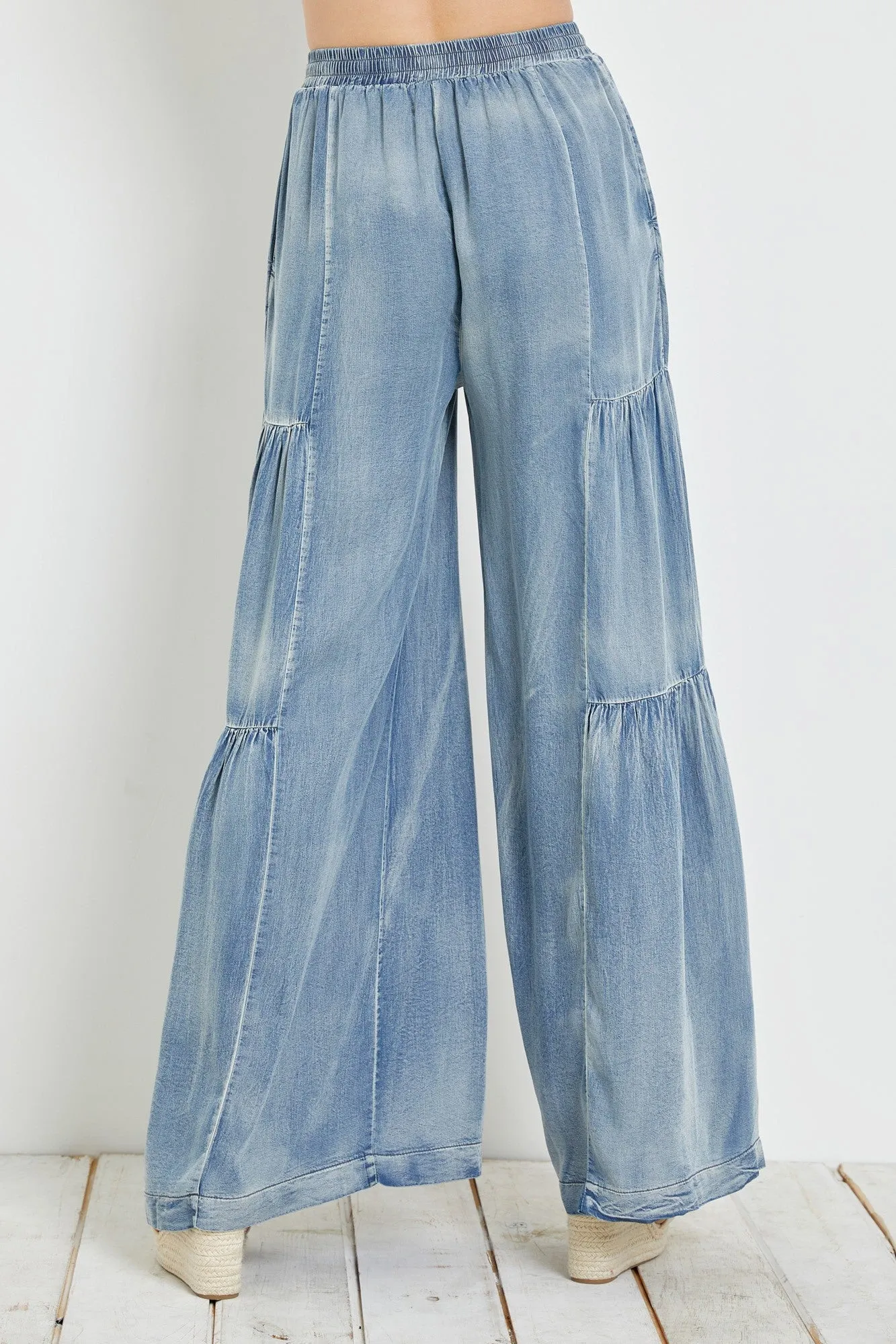 Washed Denim Ruffle Pants