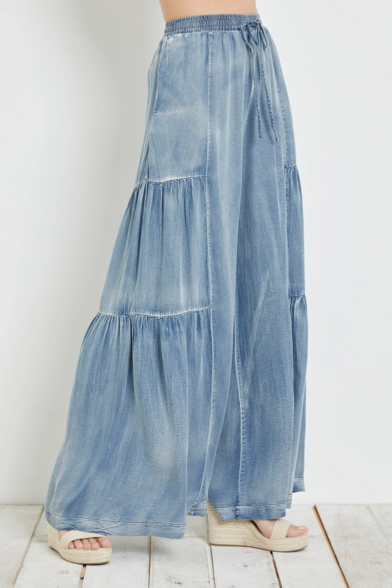 Washed Denim Ruffle Pants