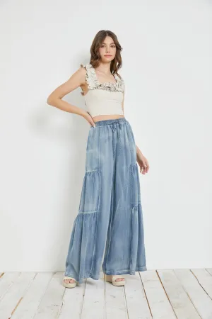 Washed Denim Ruffle Pants