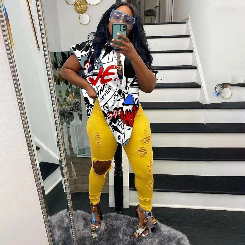 Women Sleeveless Comic Strip Shirt Lady Fashion Street Style Buttons Up Shirt  Sexy Summer Turn-down Collar Letter Tops Irregular Hem Loose Blouse