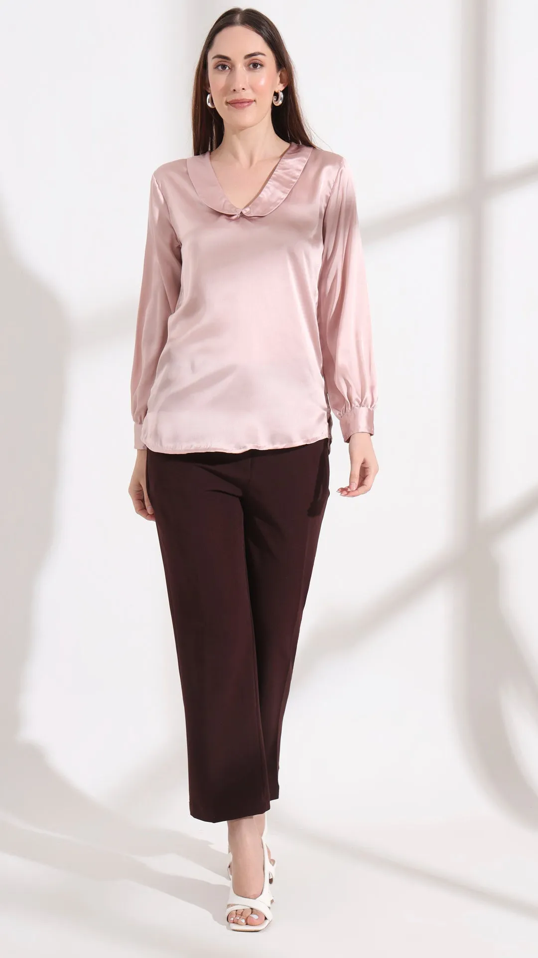 Womens Premium Summer Satin Orchid Pink Peter Pan Collar Top