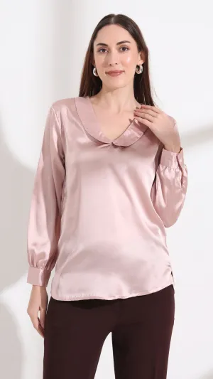 Womens Premium Summer Satin Orchid Pink Peter Pan Collar Top
