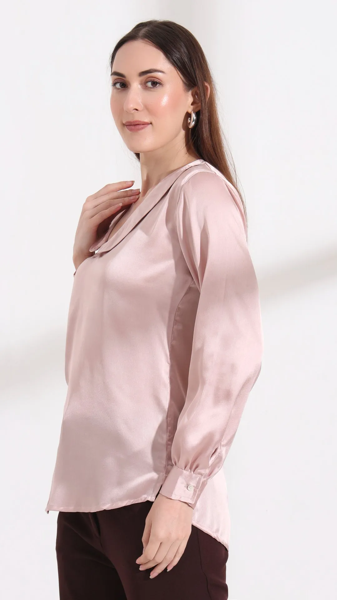 Womens Premium Summer Satin Orchid Pink Peter Pan Collar Top