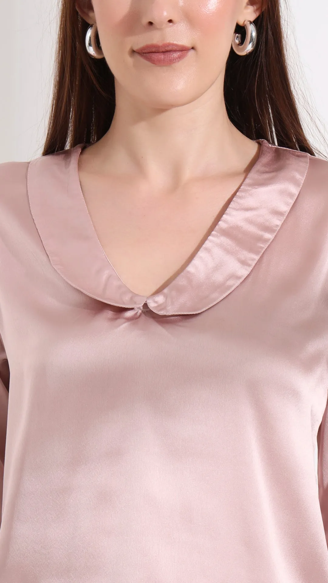 Womens Premium Summer Satin Orchid Pink Peter Pan Collar Top