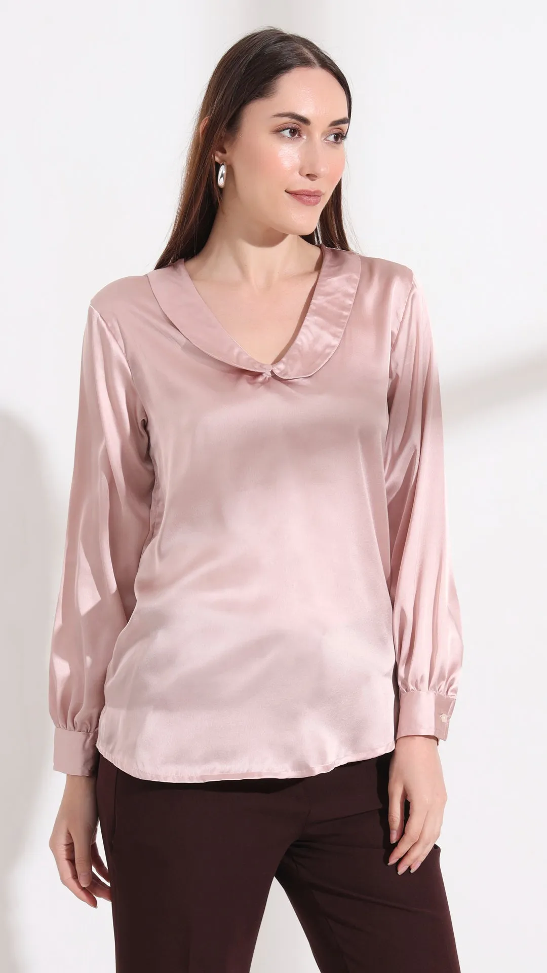 Womens Premium Summer Satin Orchid Pink Peter Pan Collar Top