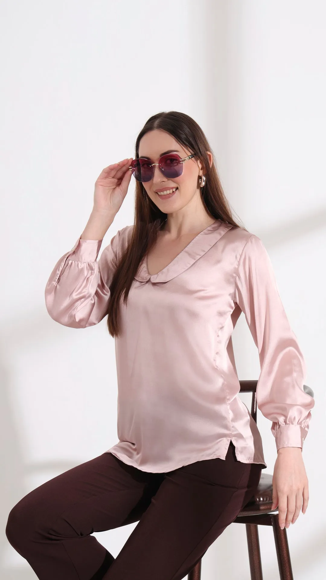 Womens Premium Summer Satin Orchid Pink Peter Pan Collar Top