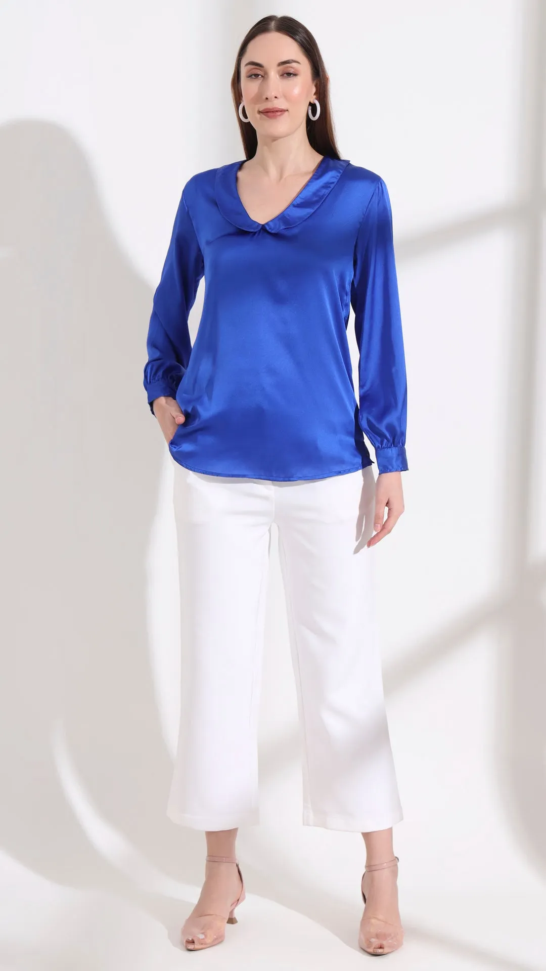Womens Premium Summer Satin Royal Blue Peter Pan Collar Top