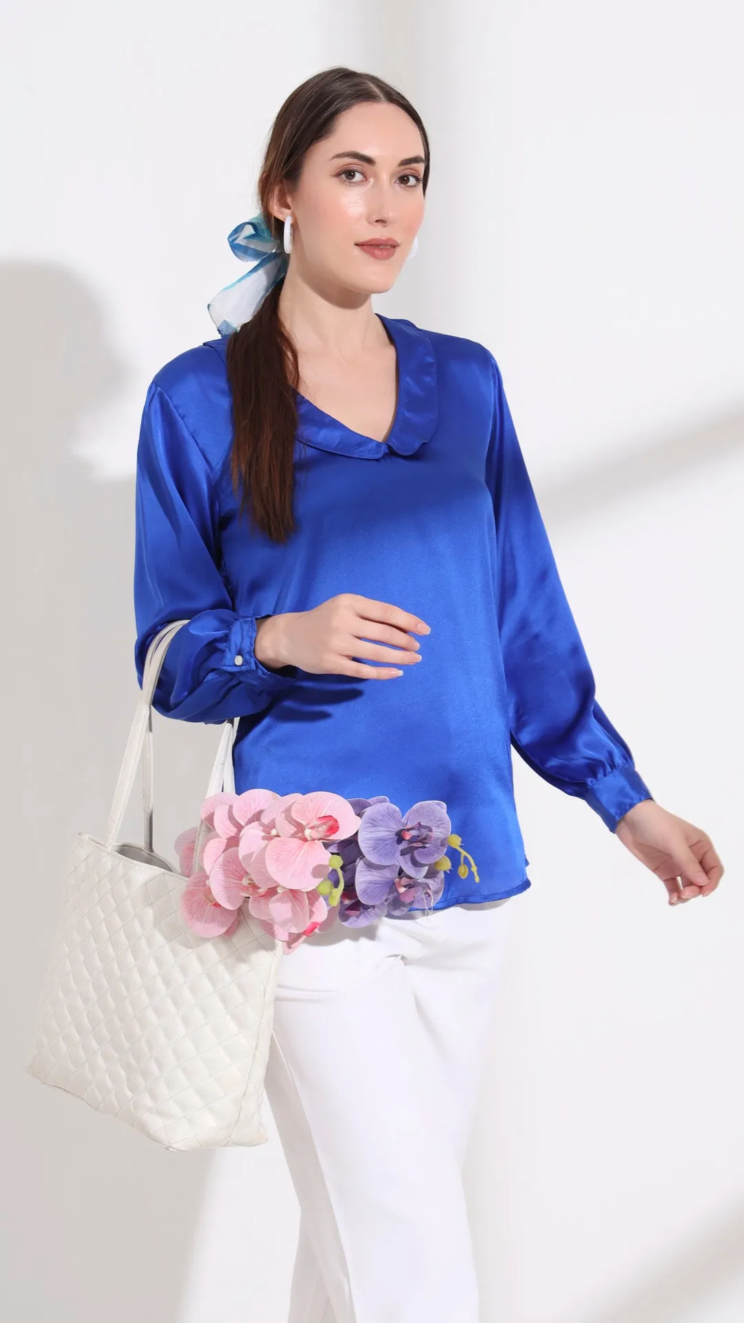 Womens Premium Summer Satin Royal Blue Peter Pan Collar Top