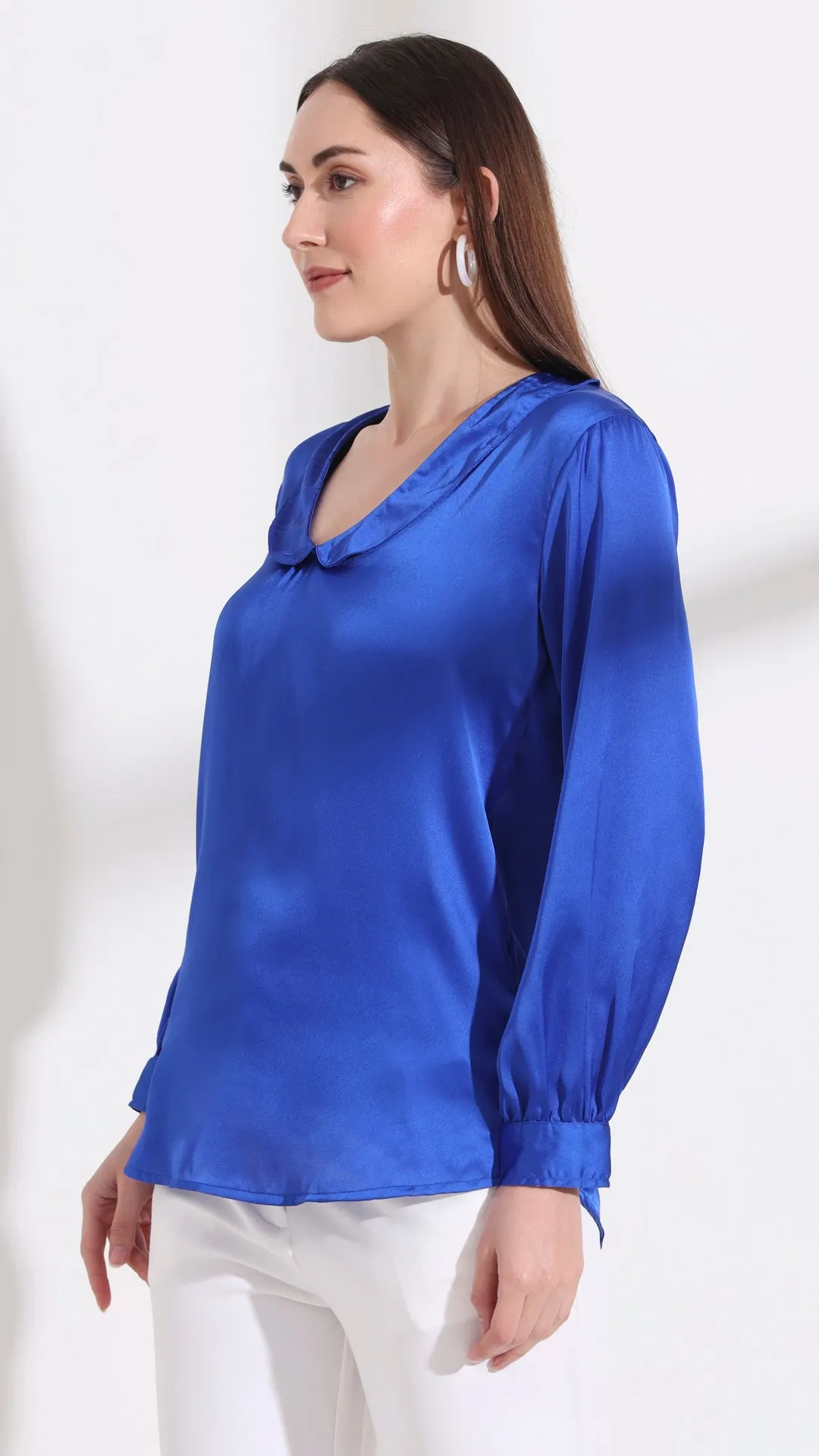 Womens Premium Summer Satin Royal Blue Peter Pan Collar Top