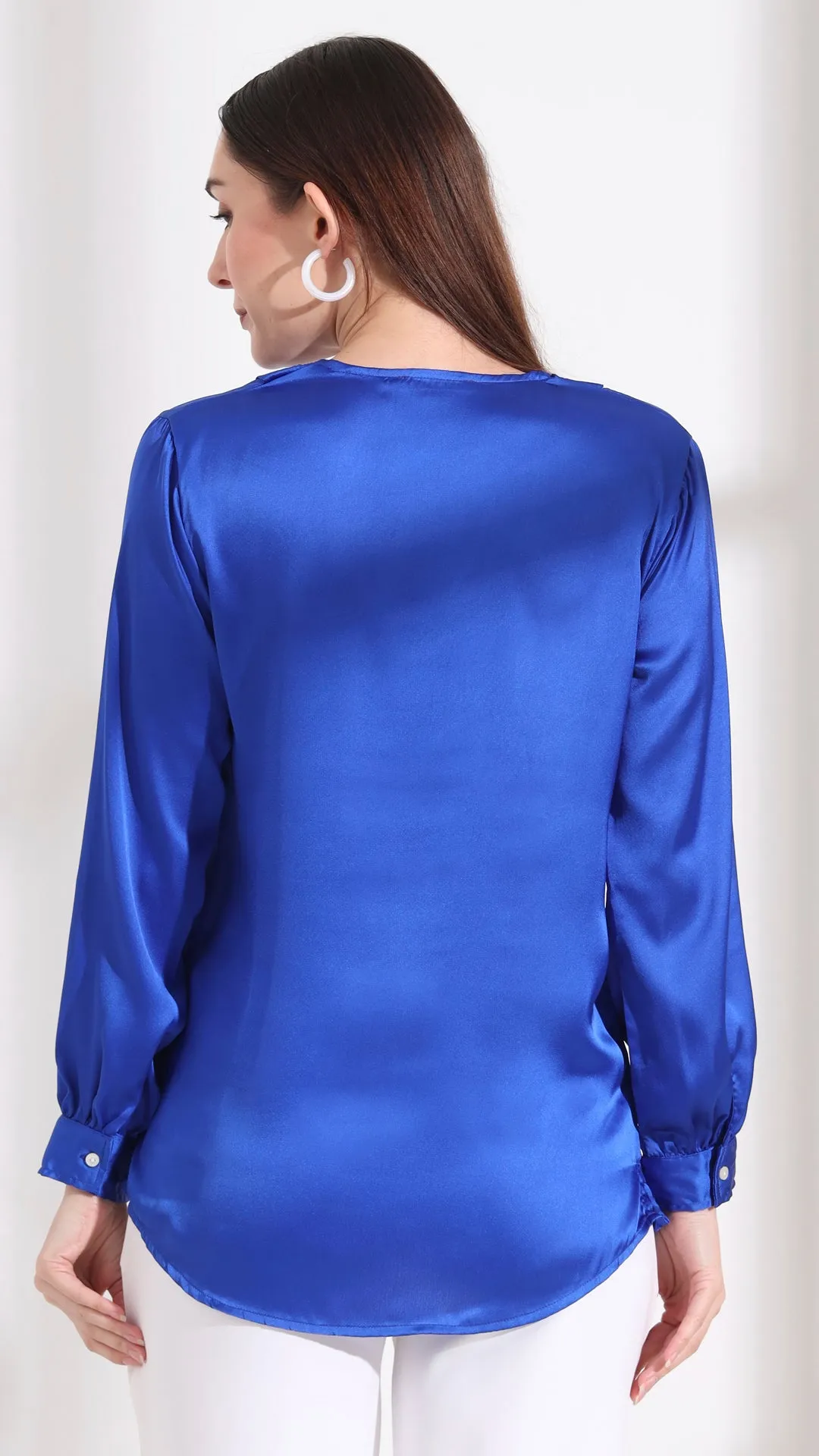Womens Premium Summer Satin Royal Blue Peter Pan Collar Top