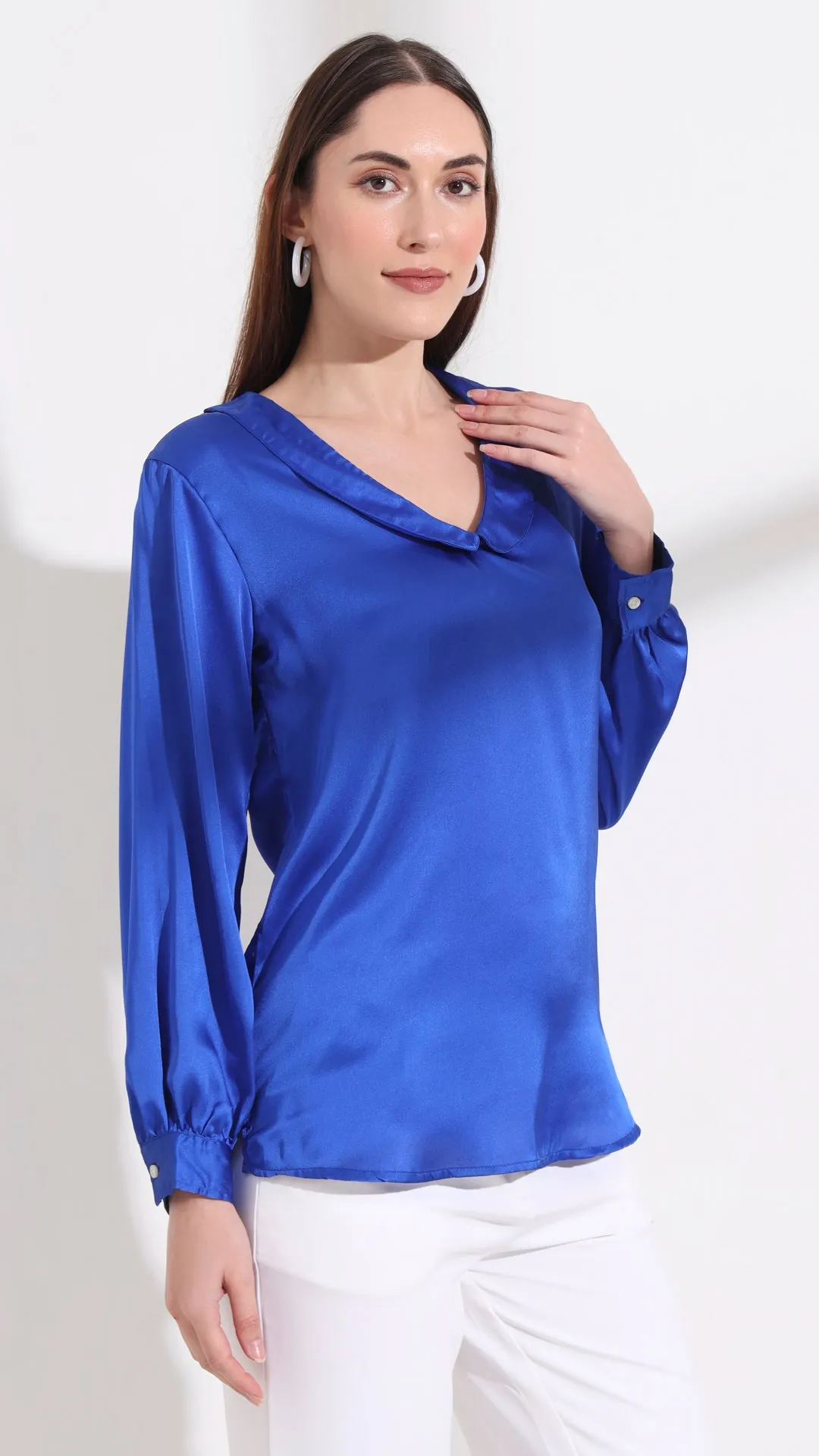 Womens Premium Summer Satin Royal Blue Peter Pan Collar Top