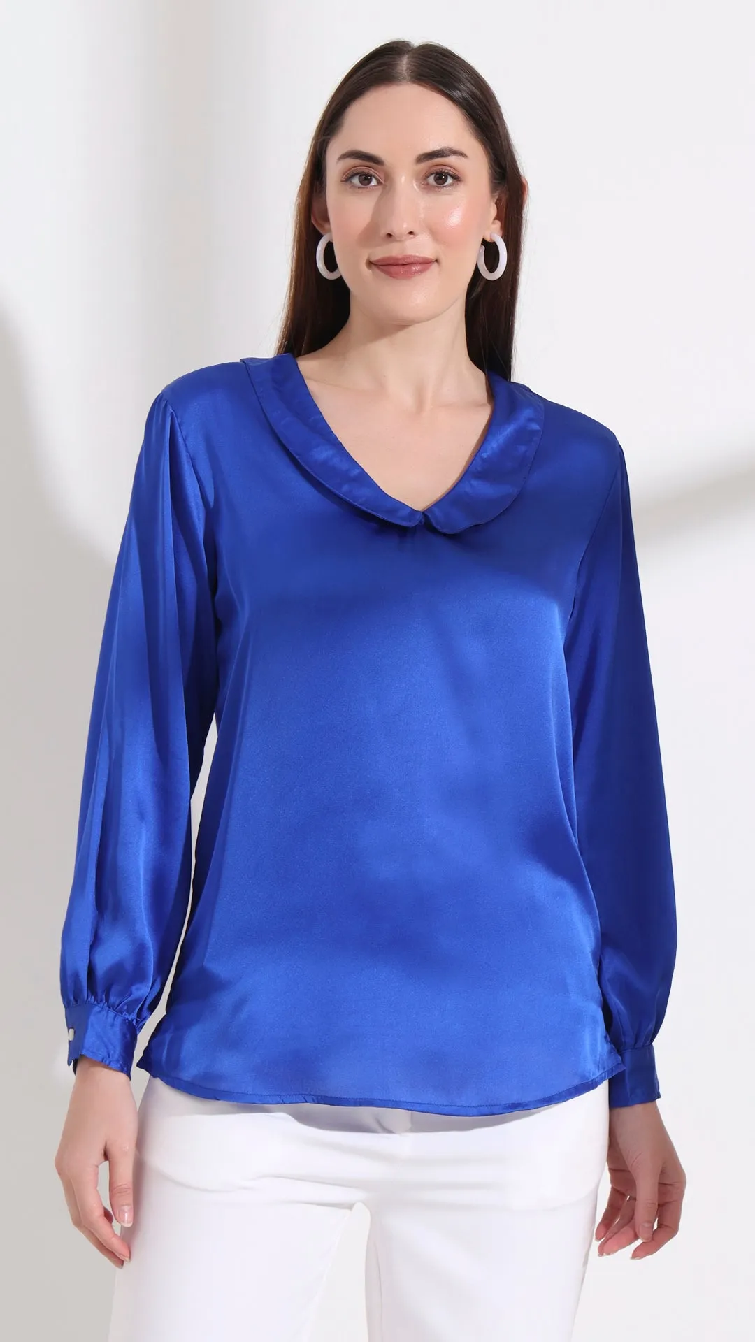 Womens Premium Summer Satin Royal Blue Peter Pan Collar Top