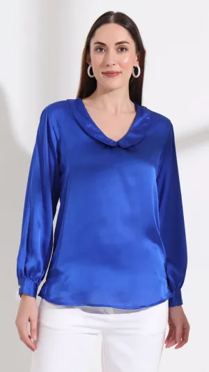 Womens Premium Summer Satin Royal Blue Peter Pan Collar Top